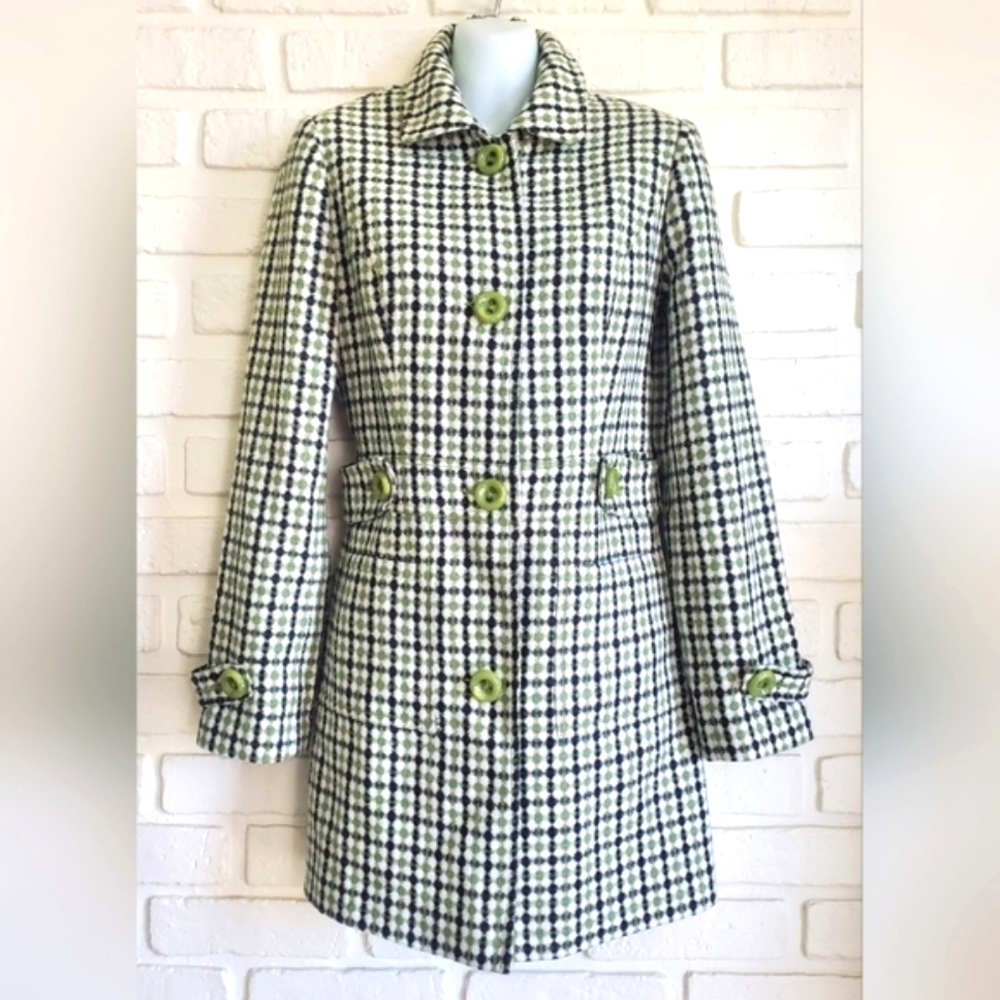 Retro Green Black Plaid 3/4 Length Tailored Coat Jacket Size Medium - Picture 3 of 16